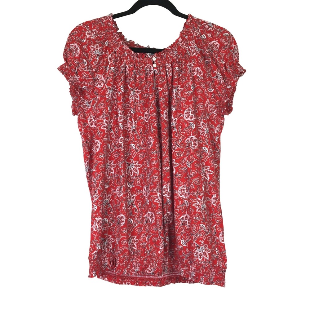 Chaps‎ Americana Paisley Smocked Hem Cotton Peasant Top 1X Red